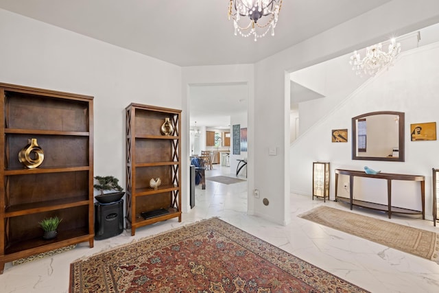 corridor with baseboards, marble finish floor, and a notable chandelier
