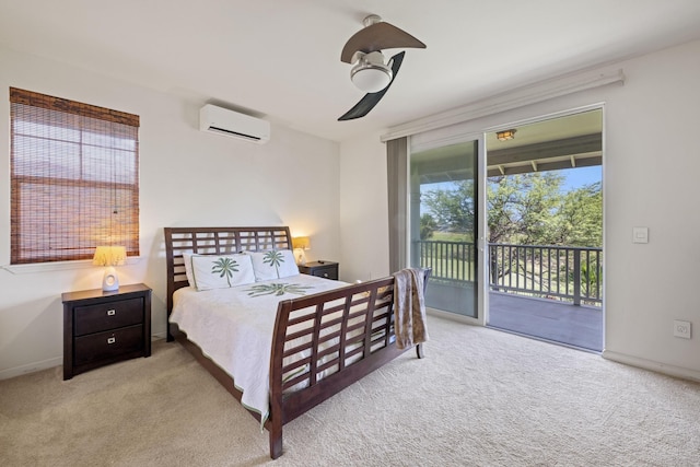 bedroom featuring a ceiling fan, a wall unit AC, carpet floors, baseboards, and access to outside