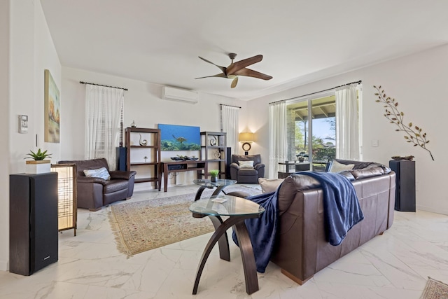living room featuring a ceiling fan, marble finish floor, and a wall mounted air conditioner