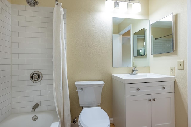 full bathroom featuring toilet, shower / bath combo, and vanity