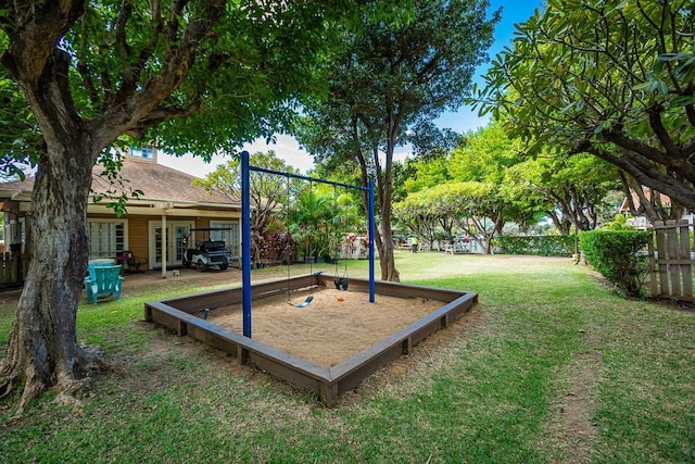 view of property's community with fence and a yard