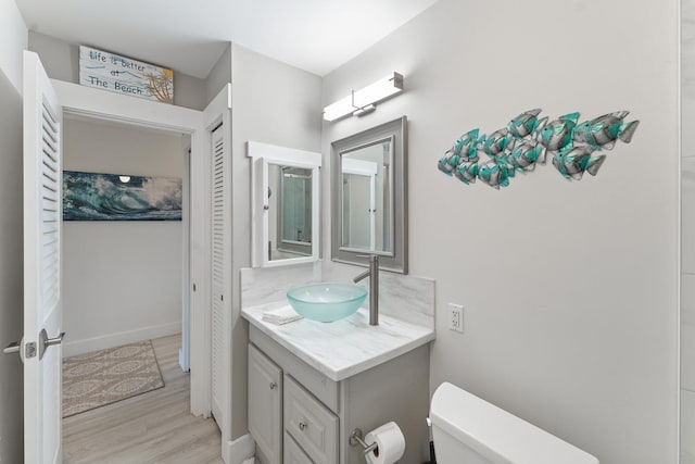 bathroom with baseboards, wood finished floors, toilet, and vanity