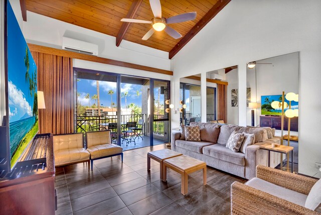 living room with ceiling fan, an AC wall unit, beamed ceiling, wood ceiling, and high vaulted ceiling