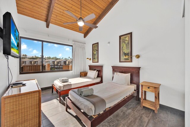 bedroom featuring ceiling fan, vaulted ceiling with beams, and wood ceiling