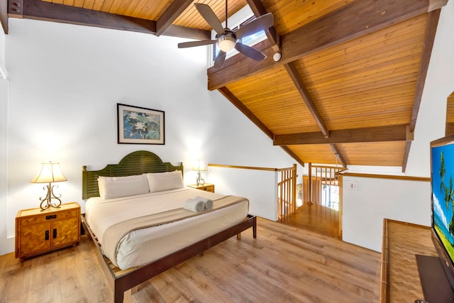 bedroom featuring ceiling fan, wooden ceiling, light wood-type flooring, and vaulted ceiling with beams