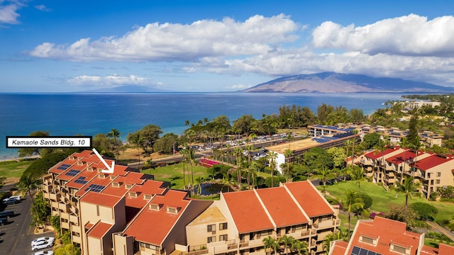 birds eye view of property featuring a water and mountain view