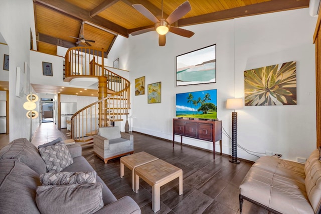 living room featuring ceiling fan, wood ceiling, beam ceiling, and high vaulted ceiling