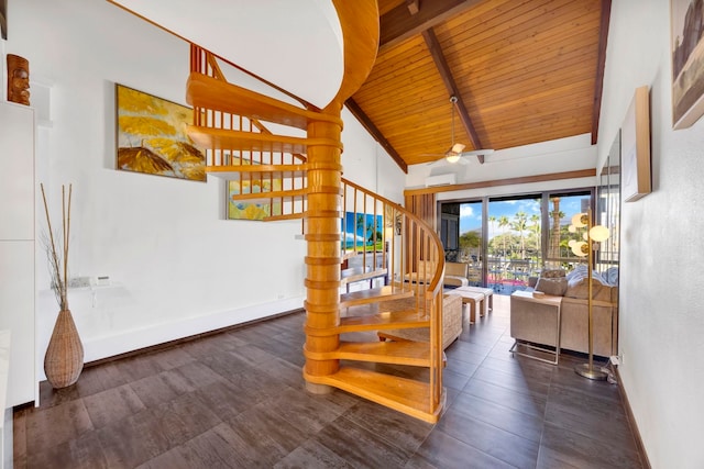 living room featuring ceiling fan, wood ceiling, high vaulted ceiling, and beamed ceiling