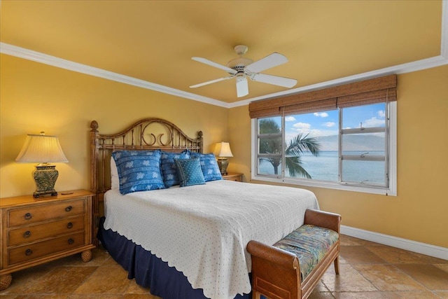 bedroom featuring ceiling fan and crown molding