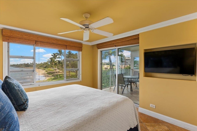 bedroom with ceiling fan and crown molding