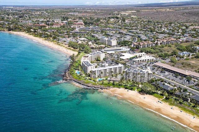 aerial view featuring a water view and a view of the beach