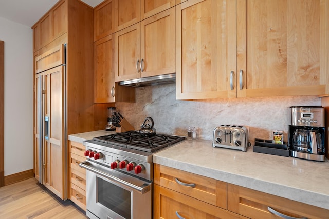 kitchen with tasteful backsplash, baseboards, high end appliances, light wood-style flooring, and under cabinet range hood