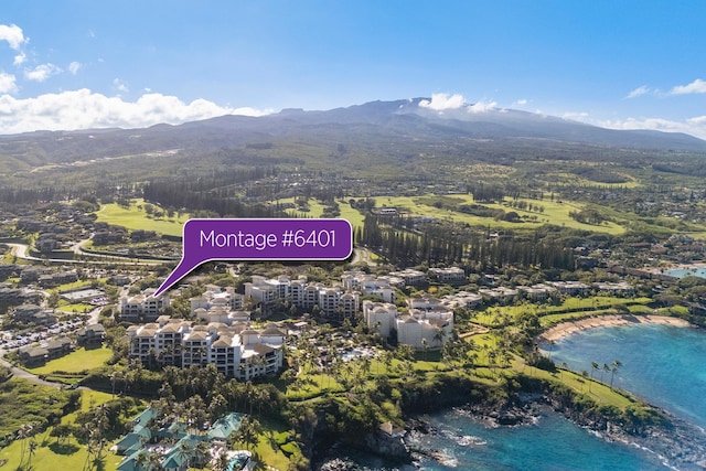 birds eye view of property featuring a water and mountain view