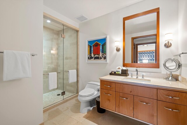 full bath with a stall shower, visible vents, vanity, and toilet