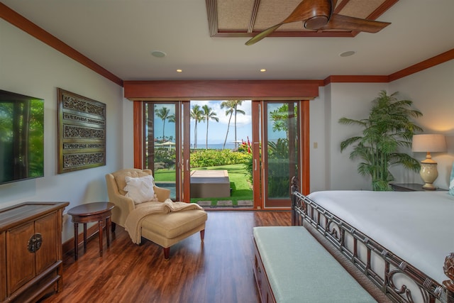 3800 Wailea Alanui Dr Unit B-102, Kihei, HI 96753 - bedroom with access to exterior, crown molding, dark wood finished floors, recessed lighting, and baseboards