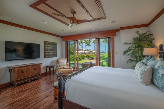 3800 Wailea Alanui Dr Unit B-102, Kihei, HI 96753 - bedroom with access to outside, wood finished floors, ornamental molding, baseboards, and ceiling fan