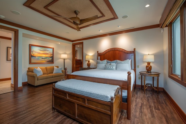 3800 Wailea Alanui Dr Unit B-102, Kihei, HI 96753 - bedroom with baseboards, dark wood finished floors, crown molding, recessed lighting, and ceiling fan