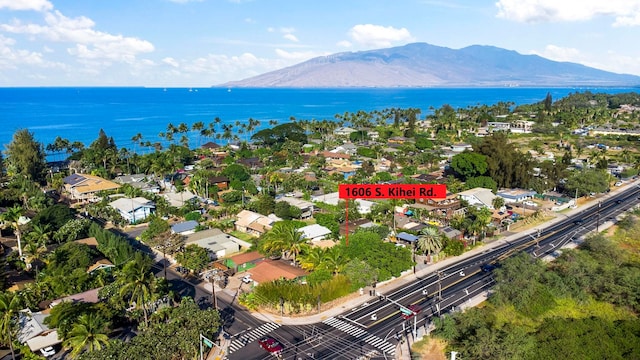 drone / aerial view with a water and mountain view