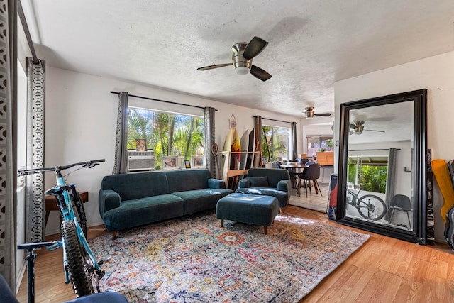 living room featuring ceiling fan, hardwood / wood-style floors, and a textured ceiling