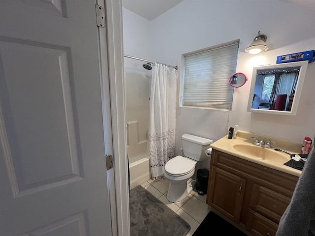 full bathroom with tile patterned flooring, vanity, shower / tub combo with curtain, and toilet