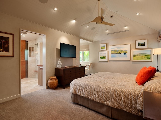 carpeted bedroom with connected bathroom, vaulted ceiling, ceiling fan, and wood ceiling