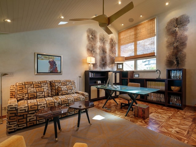 interior space with a towering ceiling, ceiling fan, and wood ceiling