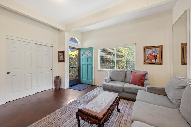 140 Kahana Ridge Dr, Lahaina, HI 96761 - living area with concrete floors and beamed ceiling