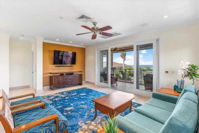 living room with ornamental molding, ceiling fan, and light tile patterned flooring