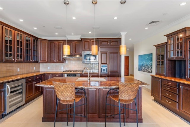 161 Wailea Ike Pl Unit C204, Kihei, HI 96753 - kitchen with beverage cooler, a sink, light tile patterned floors, pendant lighting, and tasteful backsplash