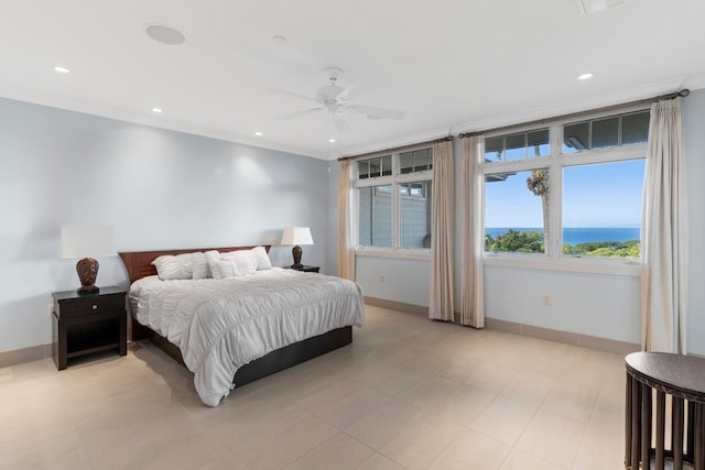 161 Wailea Ike Pl Unit C204, Kihei, HI 96753 - bedroom featuring baseboards, crown molding, recessed lighting, a ceiling fan, and a water view