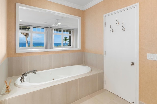 161 Wailea Ike Pl Unit C204, Kihei, HI 96753 - bathroom featuring a tub with jets, ceiling fan, and tile patterned flooring