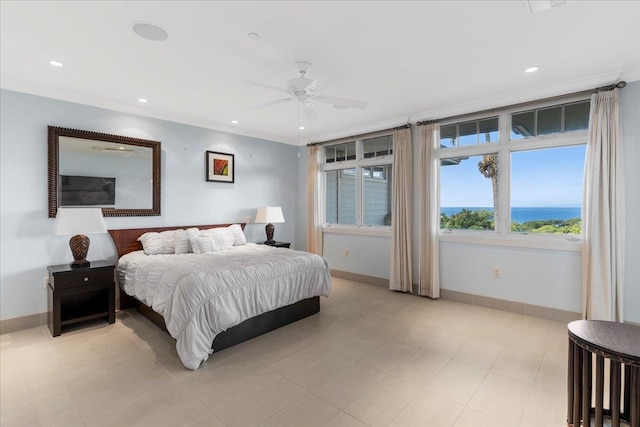 bedroom featuring ceiling fan and crown molding