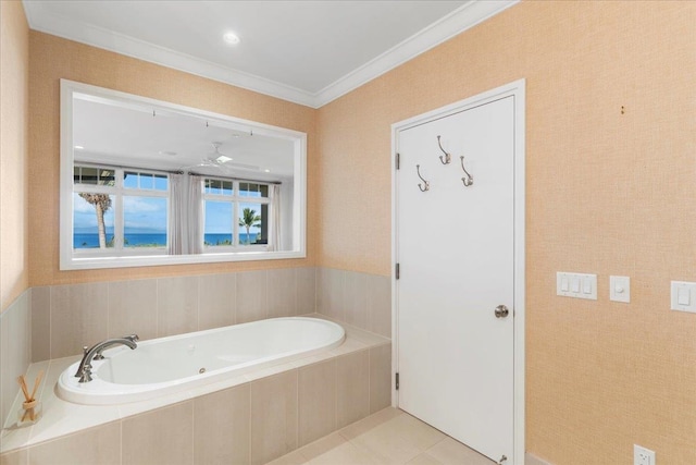 bathroom with ornamental molding, tile patterned flooring, and a relaxing tiled tub