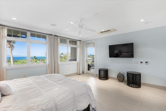 bedroom featuring ceiling fan, light tile patterned floors, a water view, and access to outside