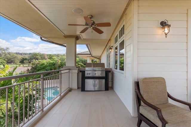 balcony with grilling area and ceiling fan