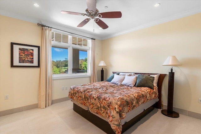 tiled bedroom with ceiling fan and ornamental molding