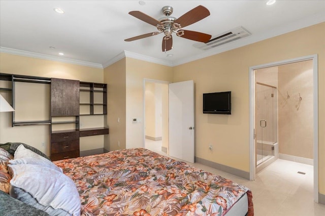 bedroom featuring light tile patterned floors, baseboards, recessed lighting, ceiling fan, and crown molding