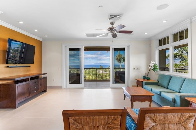 161 Wailea Ike Pl Unit C204, Kihei, HI 96753 - living area featuring recessed lighting, crown molding, plenty of natural light, baseboards, and a ceiling fan