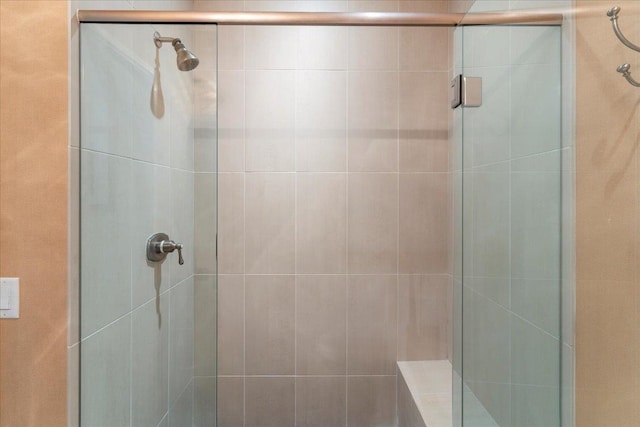 bathroom with a shower with shower door