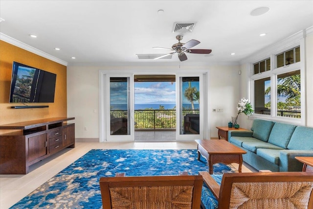 living area with crown molding, light tile patterned floors, recessed lighting, and visible vents