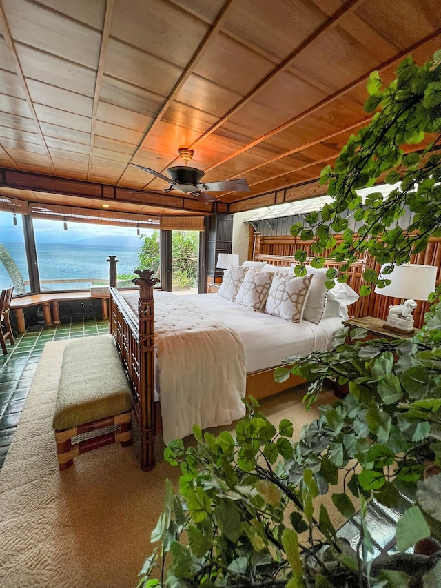 unfurnished bedroom featuring ceiling fan, wooden ceiling, and a water view