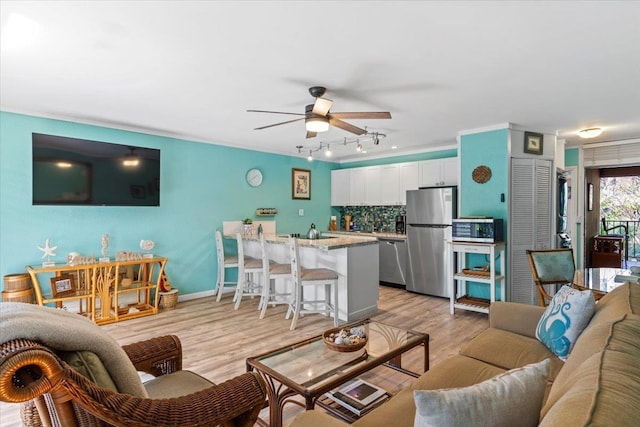 living room featuring ceiling fan and light wood-type flooring