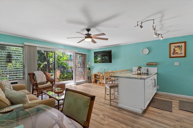 living room featuring ceiling fan, ornamental molding, and light hardwood / wood-style floors