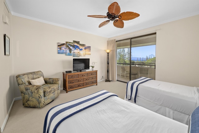 bedroom featuring crown molding, access to outside, ceiling fan, and carpet