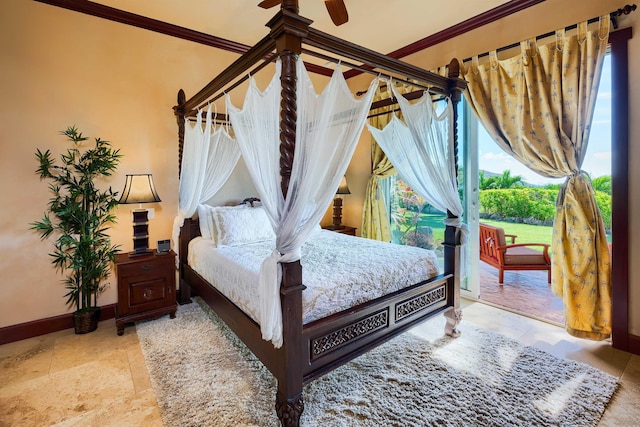 bedroom featuring crown molding and access to outside