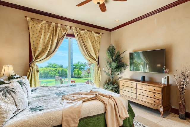 bedroom with ceiling fan, ornamental molding, and access to outside