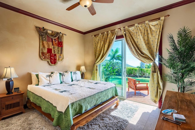 bedroom featuring access to outside, ornamental molding, and ceiling fan