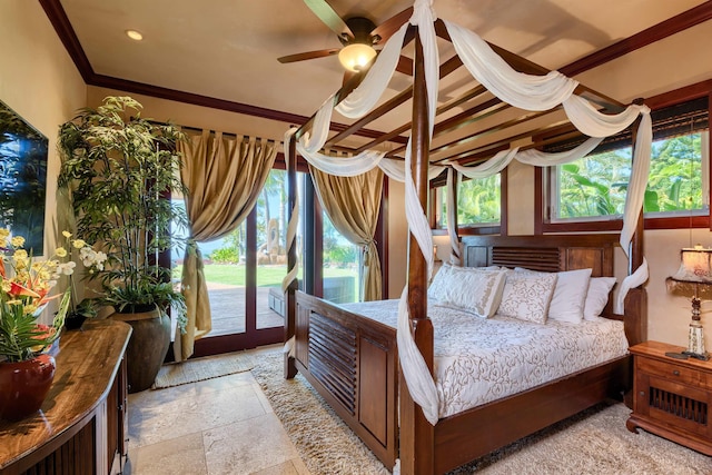 bedroom with crown molding and access to outside