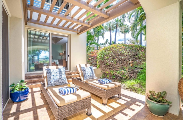 view of terrace with an outdoor living space and a pergola