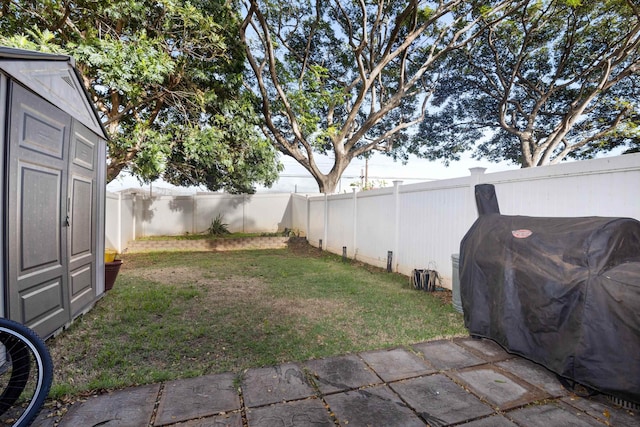 view of yard featuring a fenced backyard, a shed, and an outbuilding